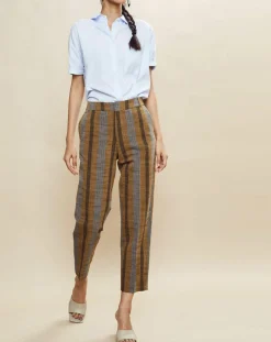 Outlet Chloé Stora Pantalon en Coton & Lin rayé Pavel marron