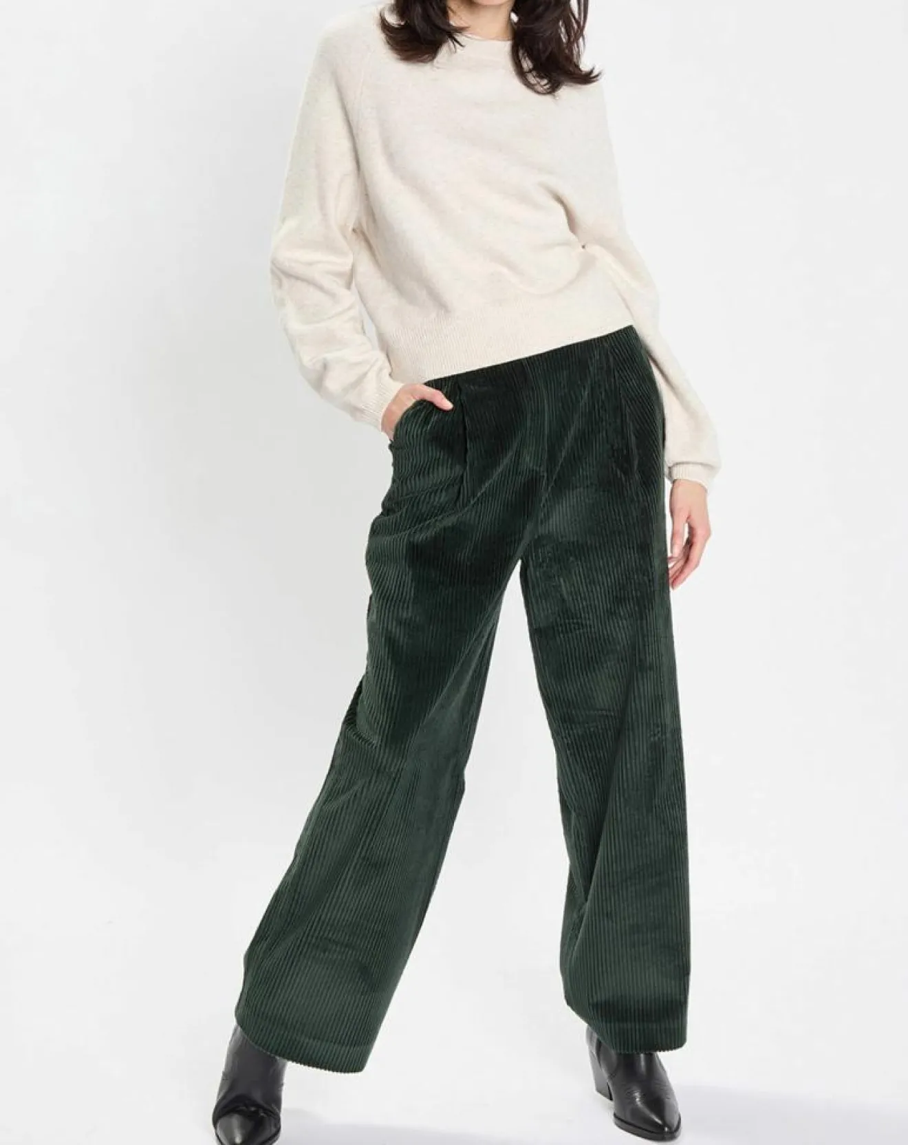 Best Marc O'Polo Pantalon large en Velours côtelé à revers vert foncé