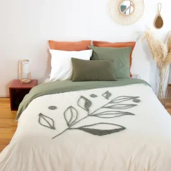 Home Collection Parure housse de couette Herbier blanc/kaki