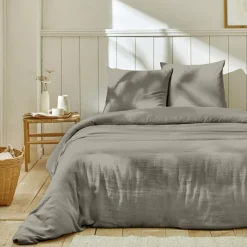Home Collection Parure housse de couette 100% Gaze de Coton gris galet