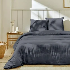 Home Collection Parure housse de couette 100% Gaze de Coton bleu jean