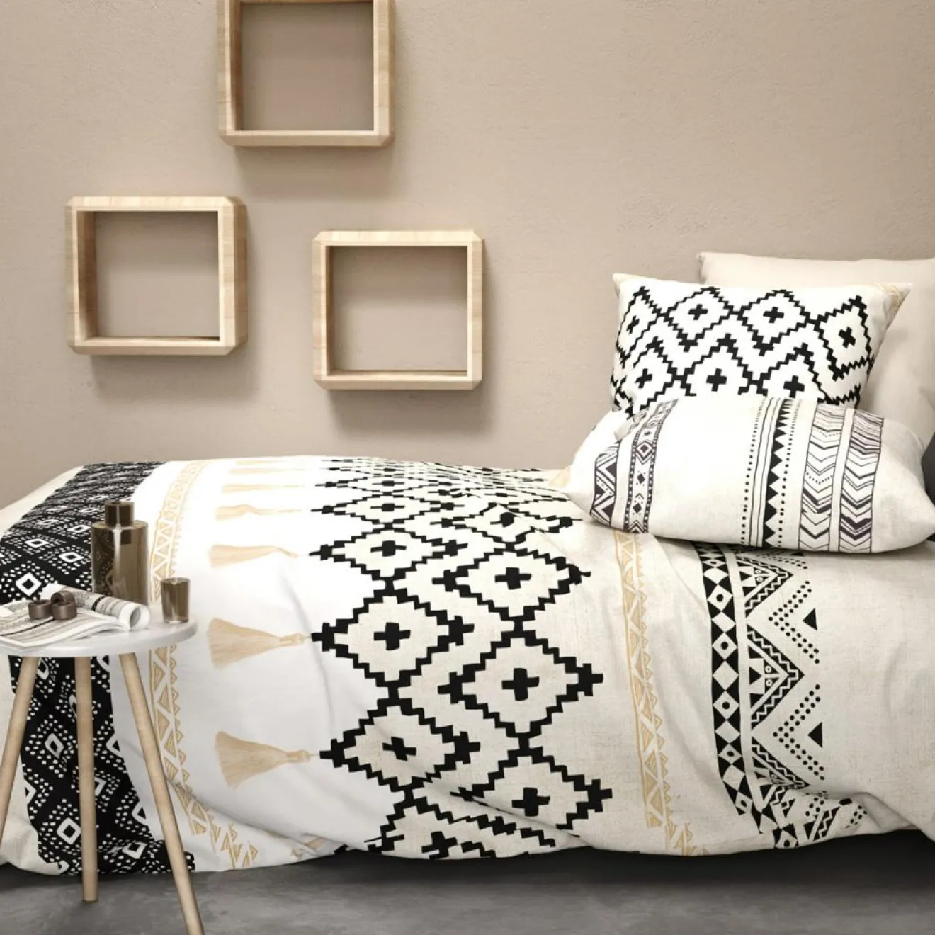Outlet Baton Rouge Parure housse de couette Bohème beige/noir/blanc