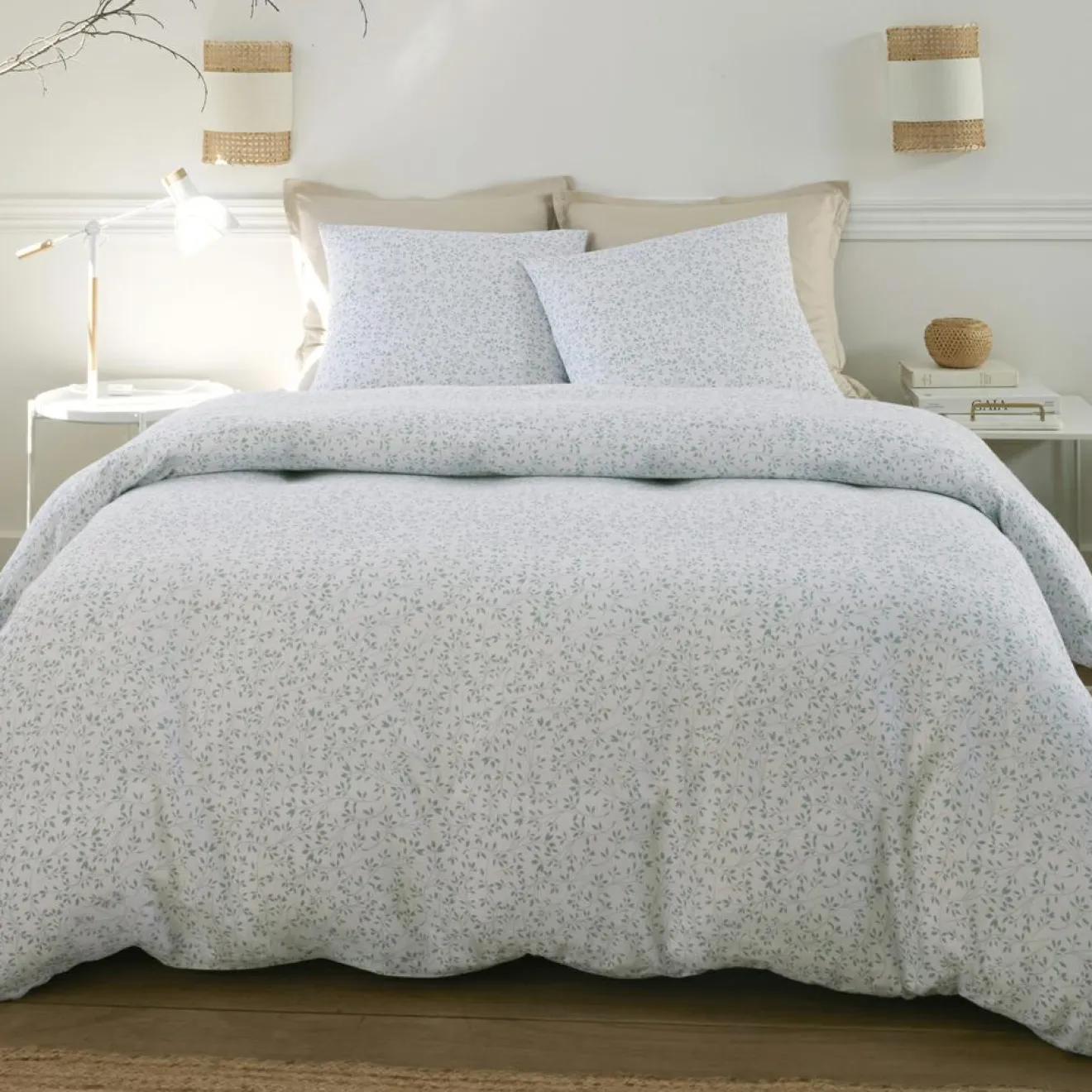 Sale Baton Rouge Parure Housse de Couette 100% Gaze de Coton Imprimé Murmure blanche