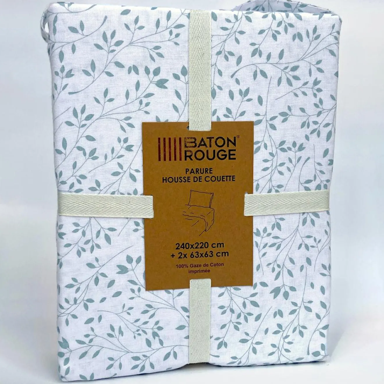 Sale Baton Rouge Parure Housse de Couette 100% Gaze de Coton Imprimé Murmure blanche