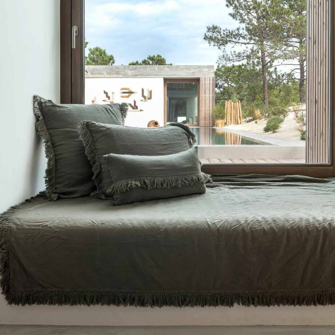 Bed and Philosophy Plaid en lin & coton finitions frangées vert 150x180cm