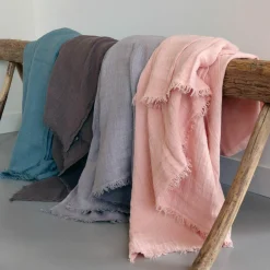 Outlet Bed and Philosophy Plaid en lin lavé finitions frangées rose 150x180cm