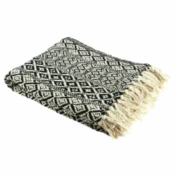 Home Deco Factory Plaid ethnique frange motif carreaux ecru/noir - 150x120 cm