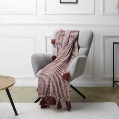 Clearance Home Deco Factory Plaid gauffré pompons rouge/blanc - 150x125 cm