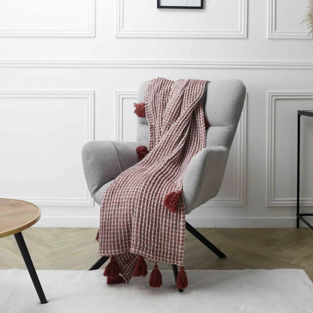 Clearance Home Deco Factory Plaid gauffré pompons rouge/blanc - 150x125 cm