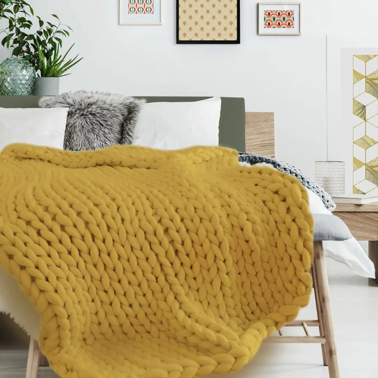 Home Deco Factory Plaid grosse maille chunky jaune - 150x120 cm