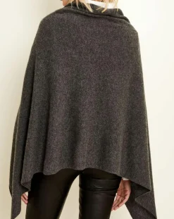 Clearance Uverny Poncho 100% Cachemire 4 fils col V gris chiné foncé