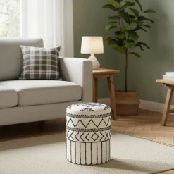 Bois & Chiffons Pouf tribal 55 cm de haut Acacia M&M offer Gris argent - 40x40x55 cm