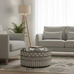 Bois & Chiffons Pouf tribal rond 90 cm Acacia M&M offer Gris argent - 90x90x45 cm