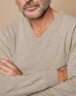 Clearance Oscar et Louise Pull 100% Cachemire 4 fils Antoine col V beige