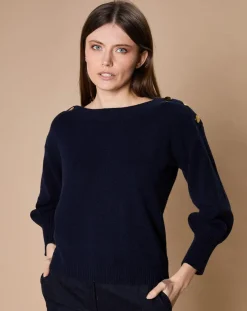 Femme Oscar et Louise Pull 100% Cachemire 4 fils Jane col bateau bleu marine