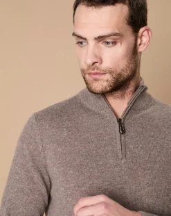 Hot Oscar et Louise Pull 100% Cachemire 4 fils John col camionneur taupe/bleu