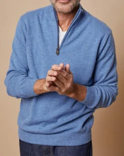 Homme Oscar et Louise Pull 100% Cachemire 4 fils John col camionneur bleu denim clair/gris