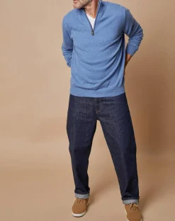 Homme Oscar et Louise Pull 100% Cachemire 4 fils John col camionneur bleu denim clair/gris