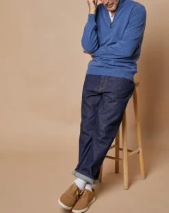 Homme Oscar et Louise Pull 100% Cachemire 4 fils John col camionneur bleu denim foncé/gris