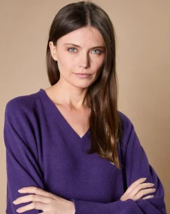 New Oscar et Louise Pull 100% Cachemire 4 fils Romy col V profond violine