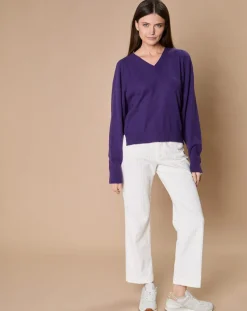 New Oscar et Louise Pull 100% Cachemire 4 fils Romy col V profond violine