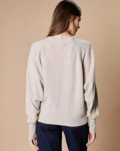 Femme Oscar et Louise Pull 100% Cachemire 4 fils Romy col V profond écru chiné