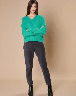 Sale Oscar et Louise Pull 100% Cachemire 4 fils Romy col V profond chlorophylle