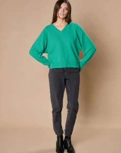 Sale Oscar et Louise Pull 100% Cachemire 4 fils Romy col V profond chlorophylle