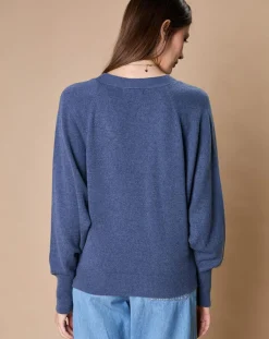 Femme Oscar et Louise Pull 100% Cachemire 4 fils Romy col V profond bleu denim