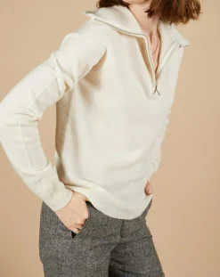 Hot Cashmere Tribu Pull 100% Cachemire Audrey col zippé écru