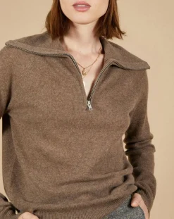 Cashmere Tribu Pull 100% Cachemire Audrey col zippé marron