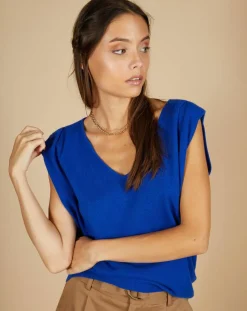 Femme Cashmere Tribu Pull 100% Cachemire Bella épaulettes bleu électrique