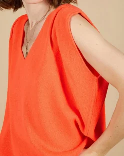 New Cashmere Tribu Pull 100% Cachemire Bella épaulettes corail fluo