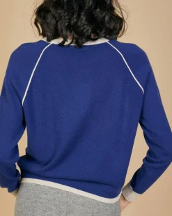 Best Cashmere Tribu Pull 100% Cachemire Bertha col rond manches raglan bicolore nautique/greige