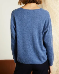 Femme Miss Cashmere Pull 100% Cachemire Clémence Col rond bleu chiné
