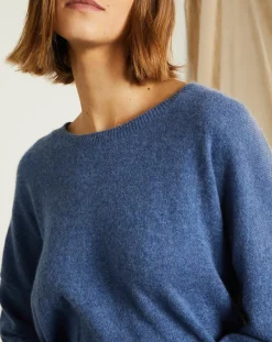 Femme Miss Cashmere Pull 100% Cachemire Clémence Col rond bleu chiné