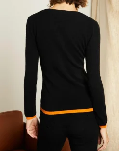 Clearance Miss Cashmere Pull 100% Cachemire col rond bicolore noir/orange