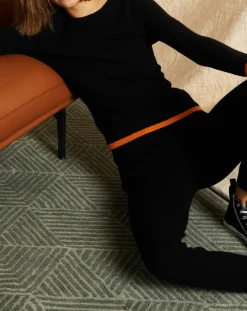 Clearance Miss Cashmere Pull 100% Cachemire col rond bicolore noir/orange