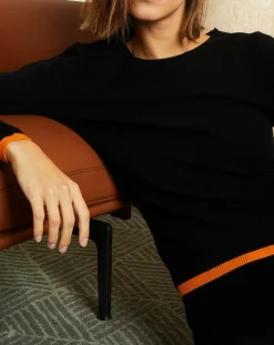 Clearance Miss Cashmere Pull 100% Cachemire col rond bicolore noir/orange