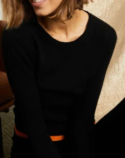 Clearance Miss Cashmere Pull 100% Cachemire col rond bicolore noir/orange