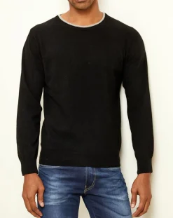 Homme Uverny Pull 100% Cachemire col rond noir/gris
