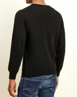 Homme Uverny Pull 100% Cachemire col rond noir/gris