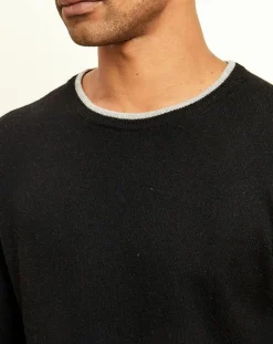 Homme Uverny Pull 100% Cachemire col rond noir/gris