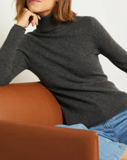 Femme Miss Cashmere Pull 100% Cachemire col roulé Jane gris chiné foncé