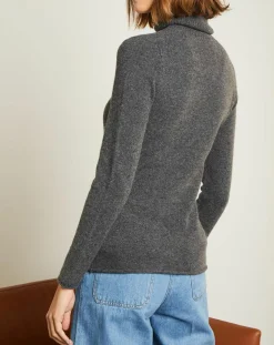 Femme Miss Cashmere Pull 100% Cachemire col roulé Jane gris chiné foncé