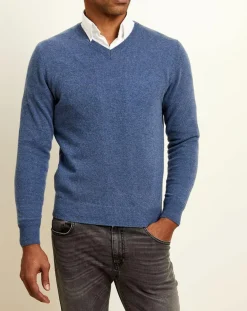Homme Uverny Pull 100% Cachemire col V Dublin bleu