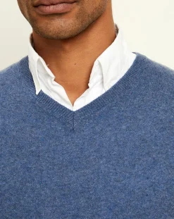 Homme Uverny Pull 100% Cachemire col V Dublin bleu