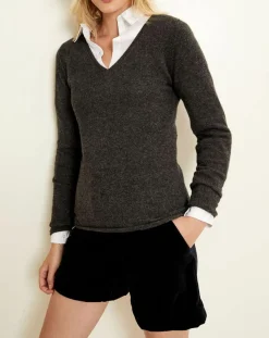 Femme Uverny Pull 100% Cachemire col V Memphis anthracite