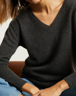 Sale Miss Cashmere Pull 100% Cachemire col V profond gris chiné foncé