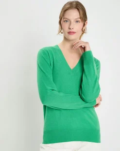 New Galeries Lafayette Pull 100% Cachemire Col V Zocon vert emeraude